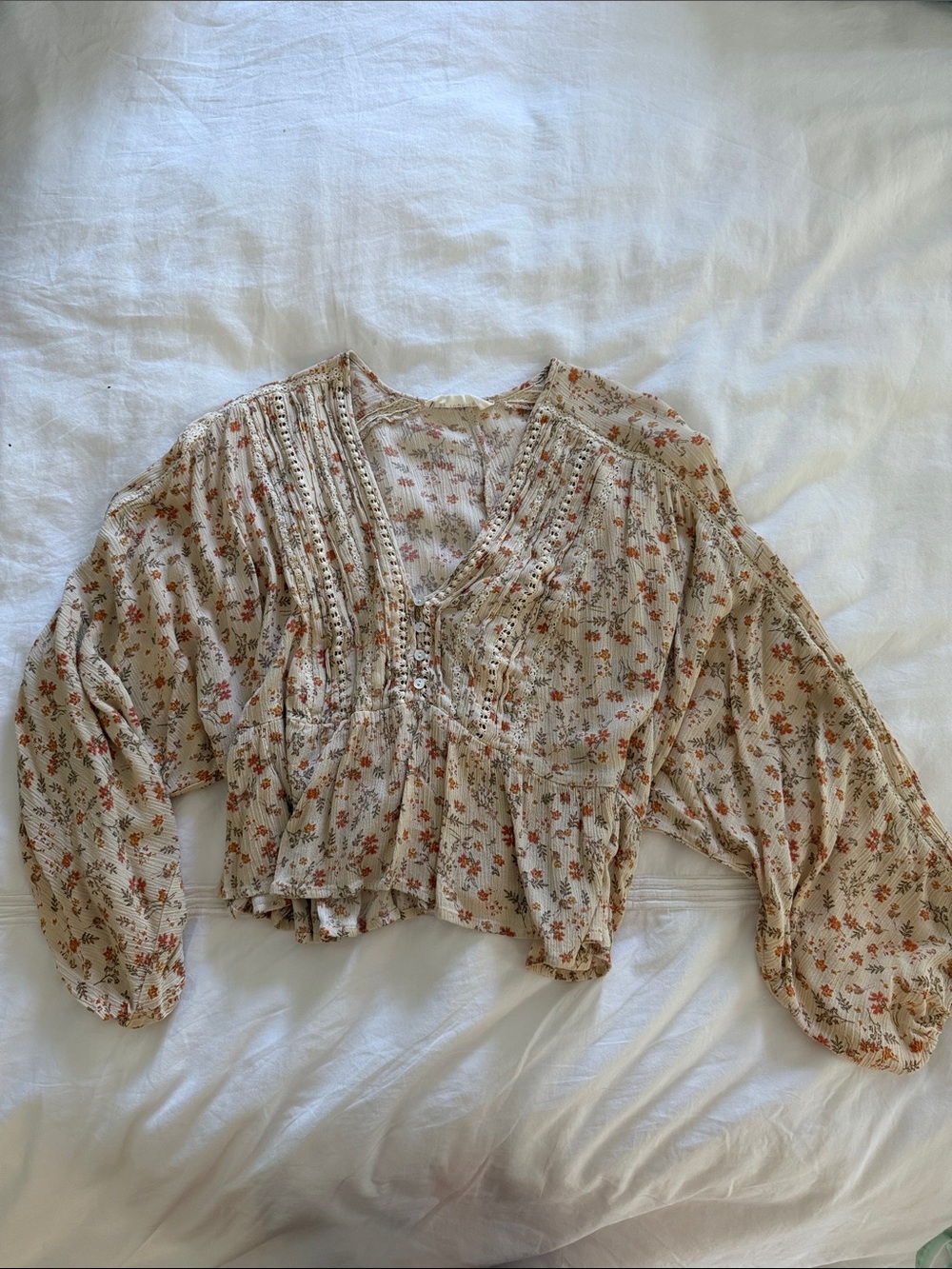 By Together Cream Floral Pintuck Peasant Blouse with Rust and Olive Sprigs